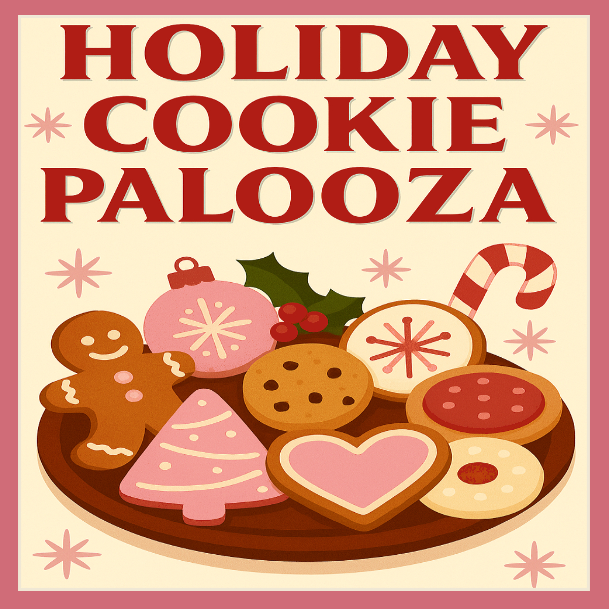 Holiday cookie party logo with decorated cookies and all manner of others depicted in vintage style