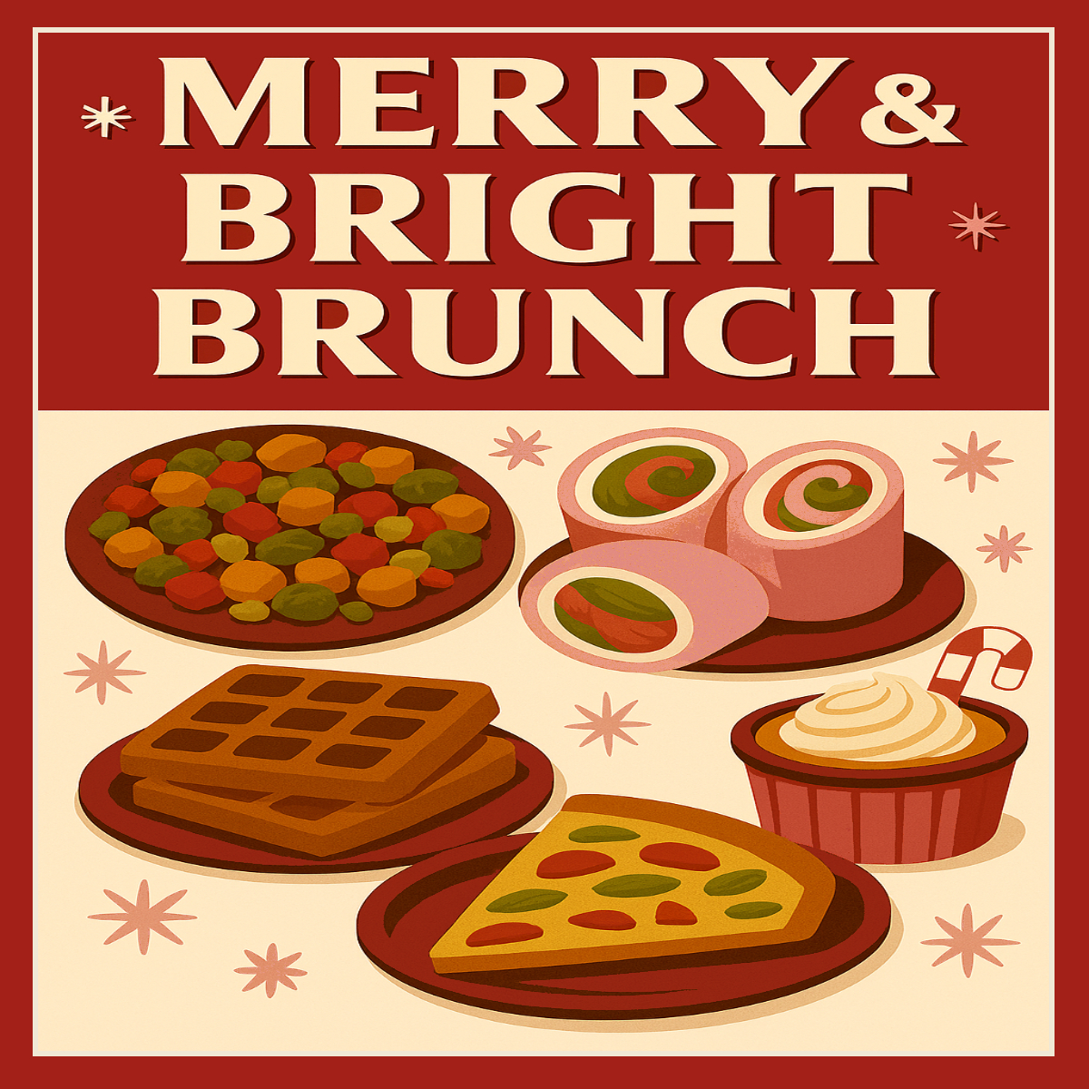 Holiday brunch illustration with waffles, smoked salmon, frittata, and candy cane crème brûlée for Merry & Bright Brunch class.