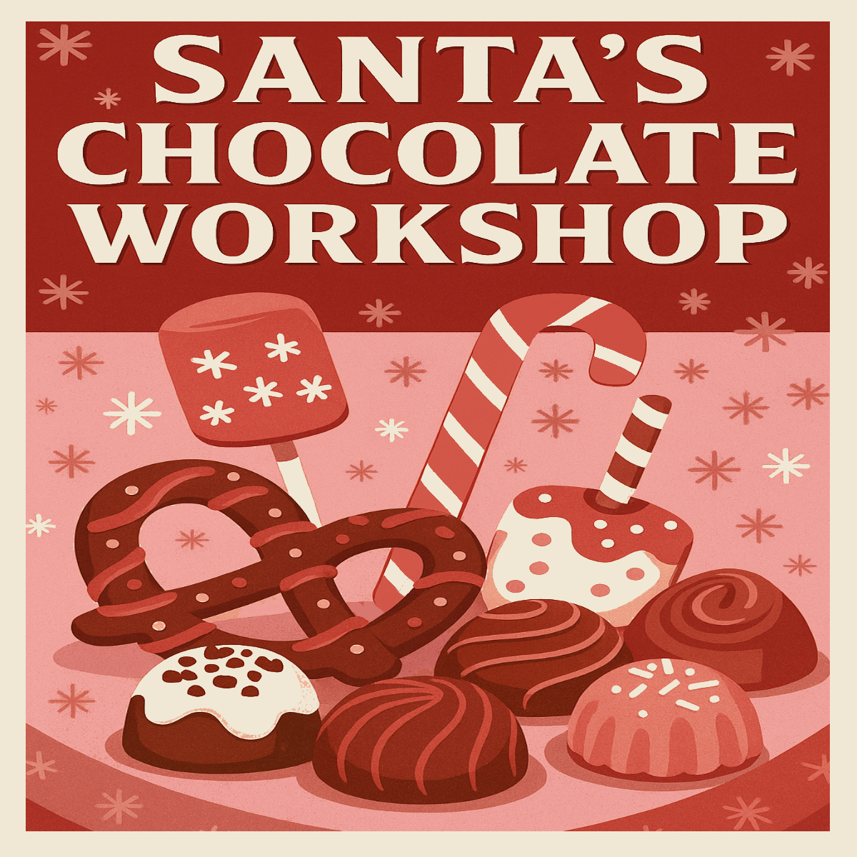 Illustrated holiday chocolates with truffles, marshmallows, and pretzel rods for Santa’s Chocolate Workshop hands-on class.