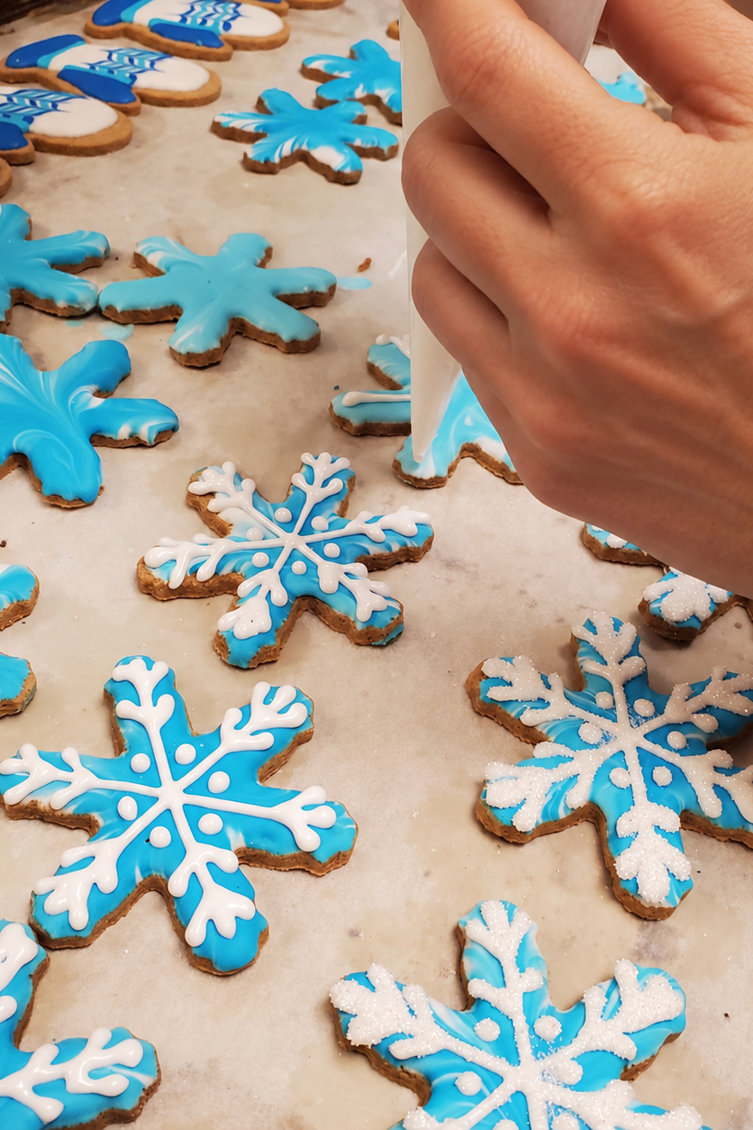 Blue and white snowflake sugar cookies with intricate piped royal icing designs